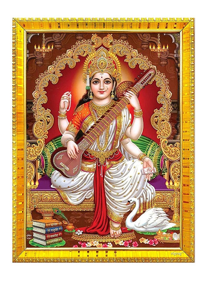 ZIG-ZAG zig zag Goddess Saraswati Devi Maa Rectangular Photo Frame For Wall / Table / Pooja Room ( 7X9 Inches, Acrylic Glass) Golden - Image 1